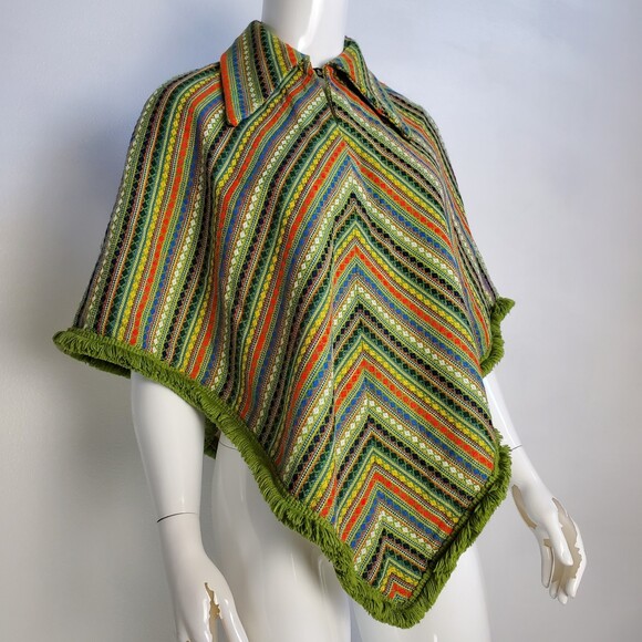 Vintage 70's Green Striped Poncho - Picture 2 of 7
